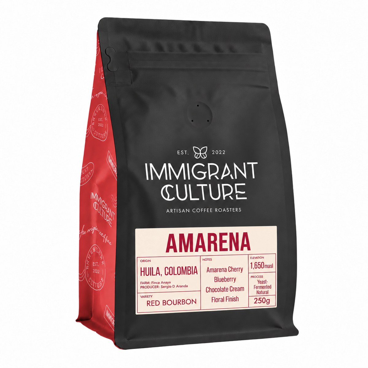 Amarena 250g Finca Anaya Red Bourbon coffee bag with corrected label, unframed Amarena heading