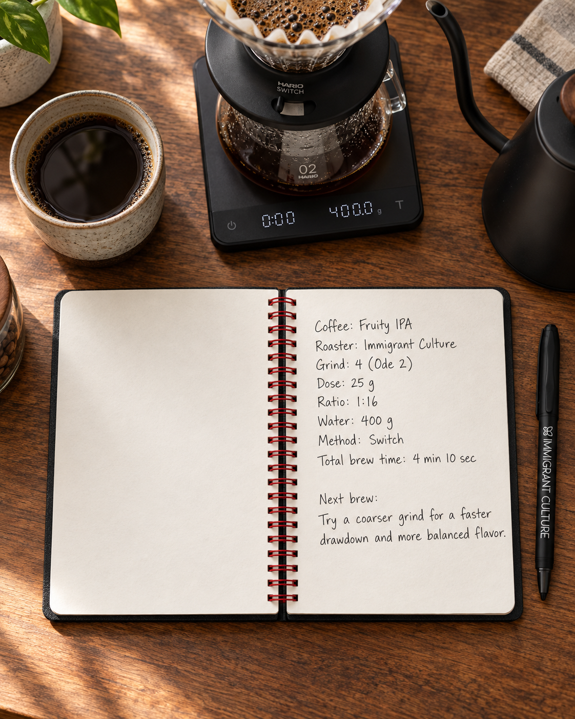 Coffee Notes Set opened with handwritten Fruity IPA notes at a coffee bar