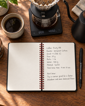 Coffee Notes Set opened with handwritten Fruity IPA notes at a coffee bar