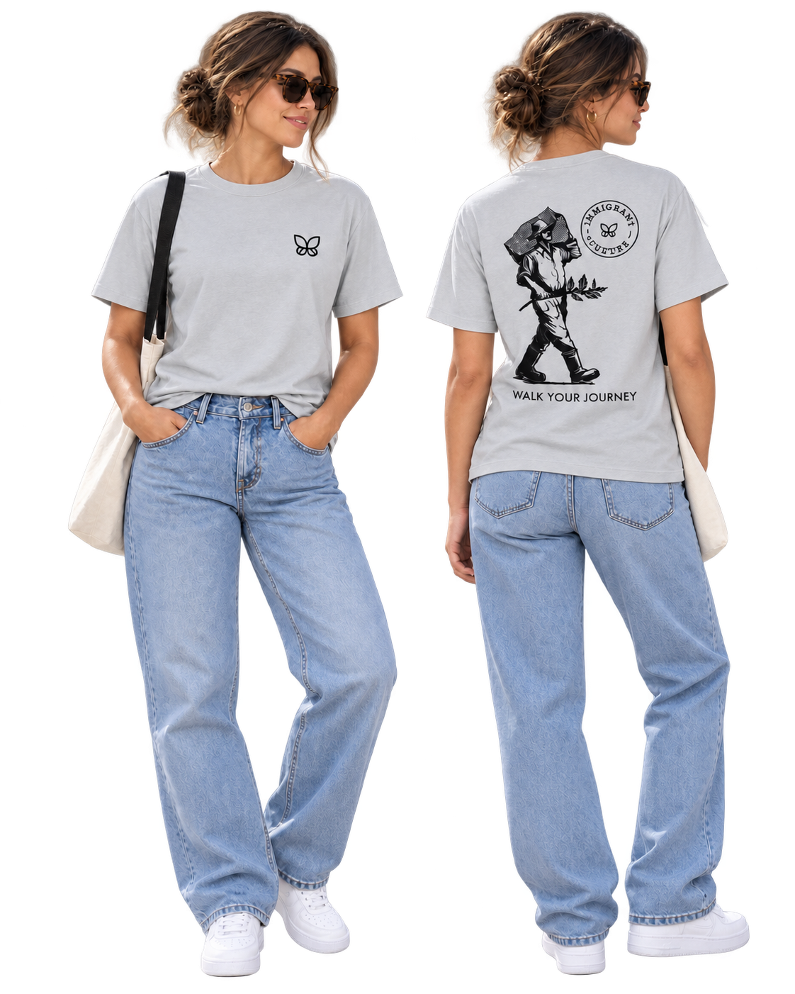 El Caminante shirt in Icy Grey, women front and back