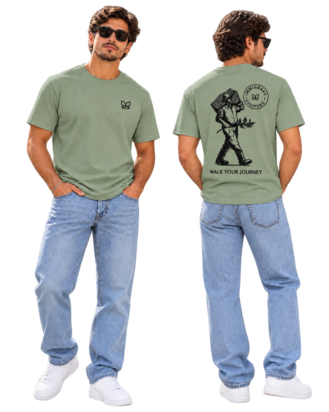 El Caminante shirt in Sage, men front and back