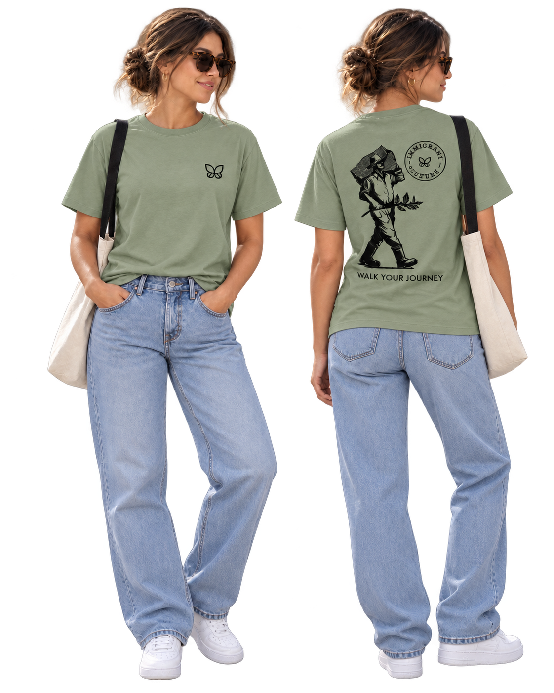 El Caminante shirt in Sage, women front and back