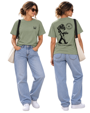 El Caminante shirt in Sage, women front and back