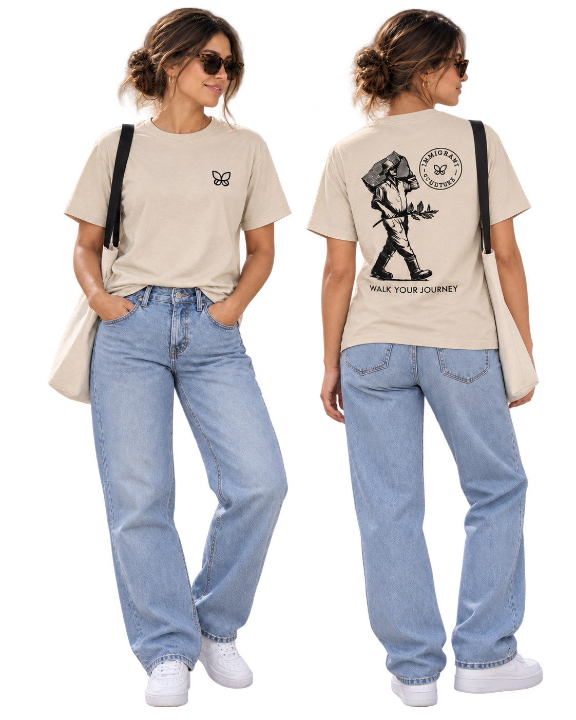 El Caminante shirt in Sand, women front and back