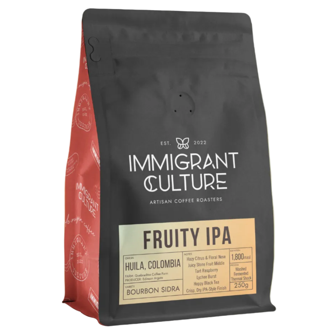 Coffee bag from Immigrant Culture with 'Fruity IPA' flavor