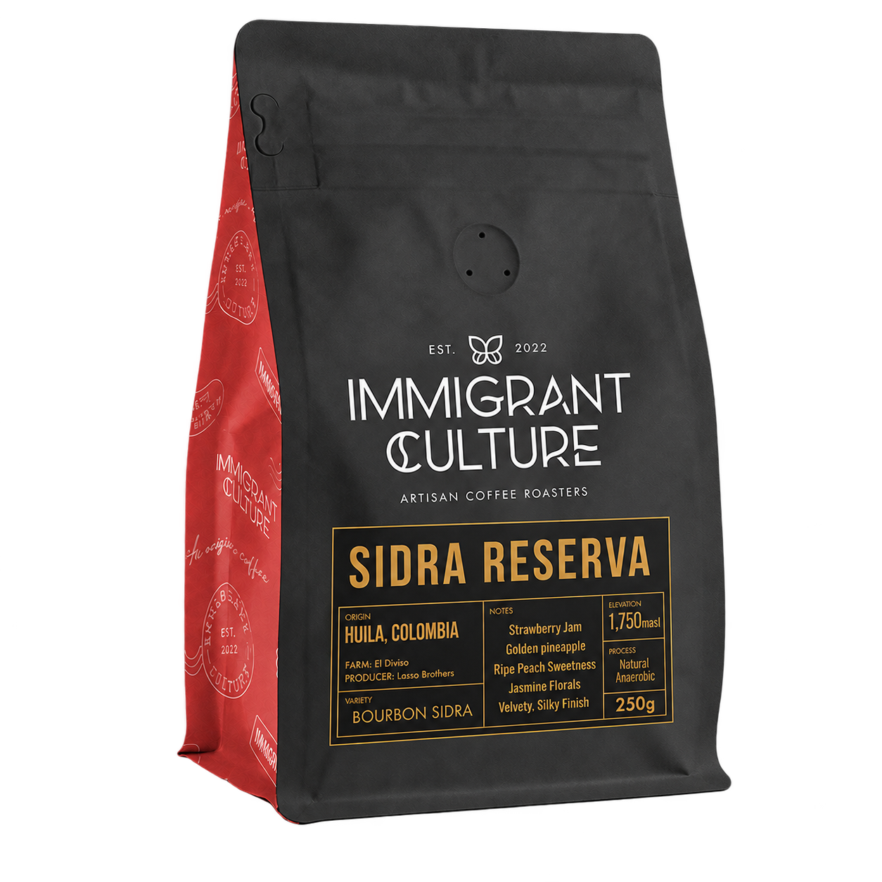 Sidra Reserva 250g coffee bag, black and gold label, El Diviso Lasso Brothers