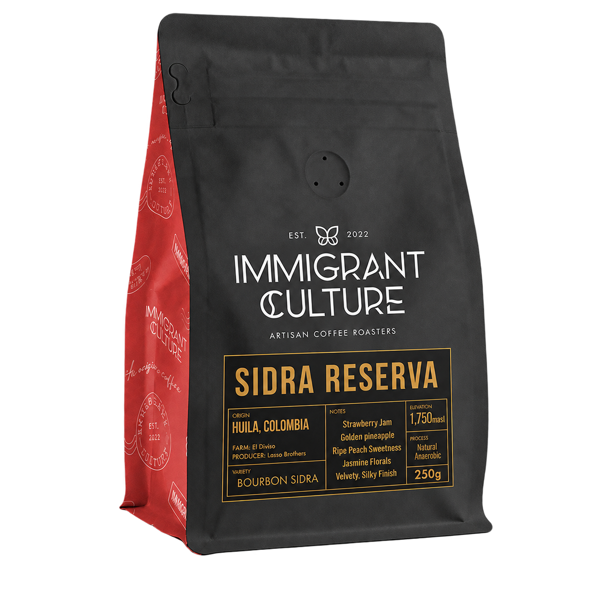 Sidra Reserva 250g coffee bag, black and gold label, El Diviso Lasso Brothers