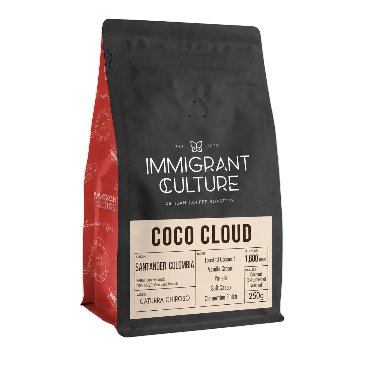 Coffee bag labeled 'Immigrant Culture' with 'Coco Cloud' on a transparent background