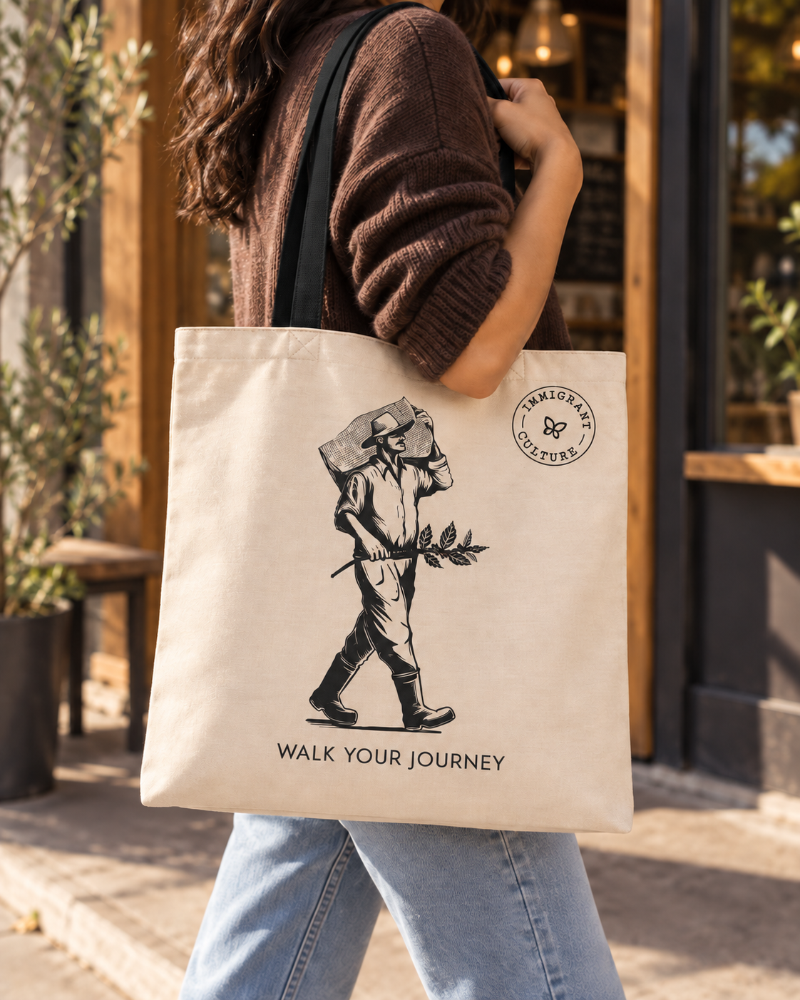 Immigrant Culture tote with El Cafetero artwork and corrected circular logo